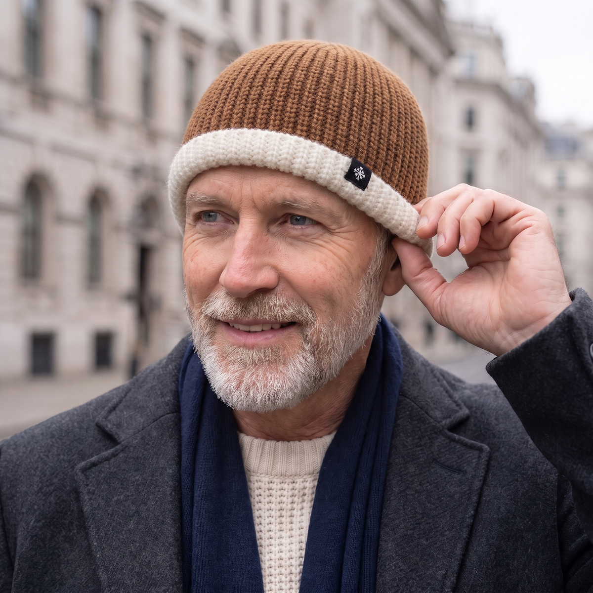 Harvey Classic Knit Beanie in Coffee, worn