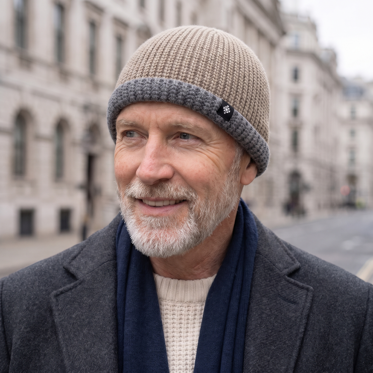 Harvey Classic Knit Beanie in Khaki, worn