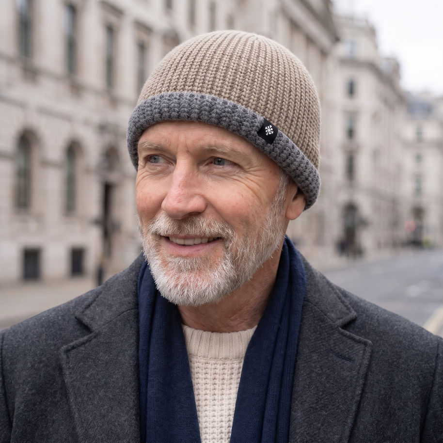 Harvey Classic Knit Beanie in Khaki, worn