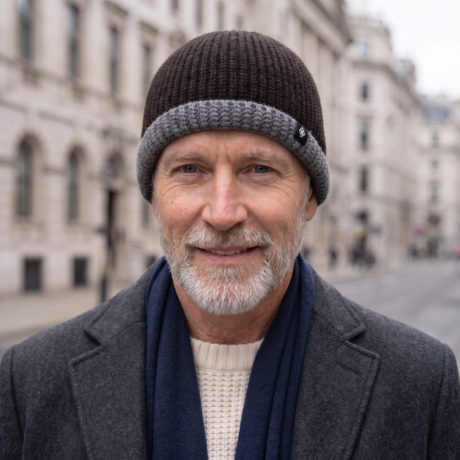 Harvey Classic Knit Beanie in Brown, worn