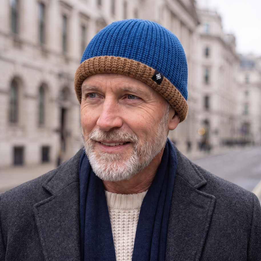 Harvey Classic Knit Beanie in Blue, worn