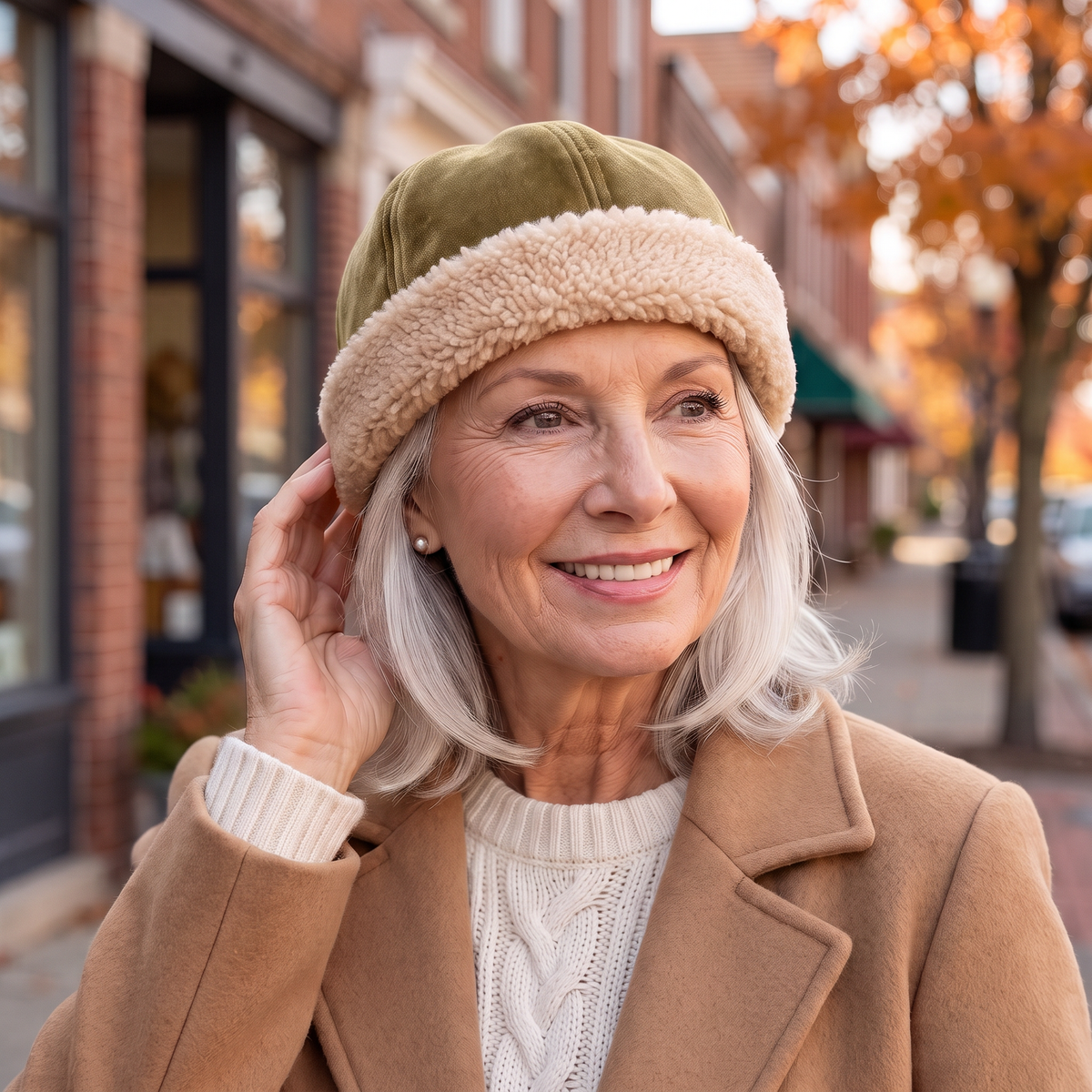 Mabel Hometown Beanie in Khaki, worn